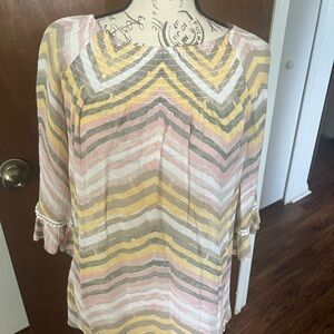 New Directions Yellow and Pink Ruffled Blouse
